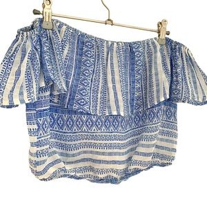 FOREVER 21 - Blue and White Geometric Pattern Off-the-Shoulder Ruffle Crop Top
